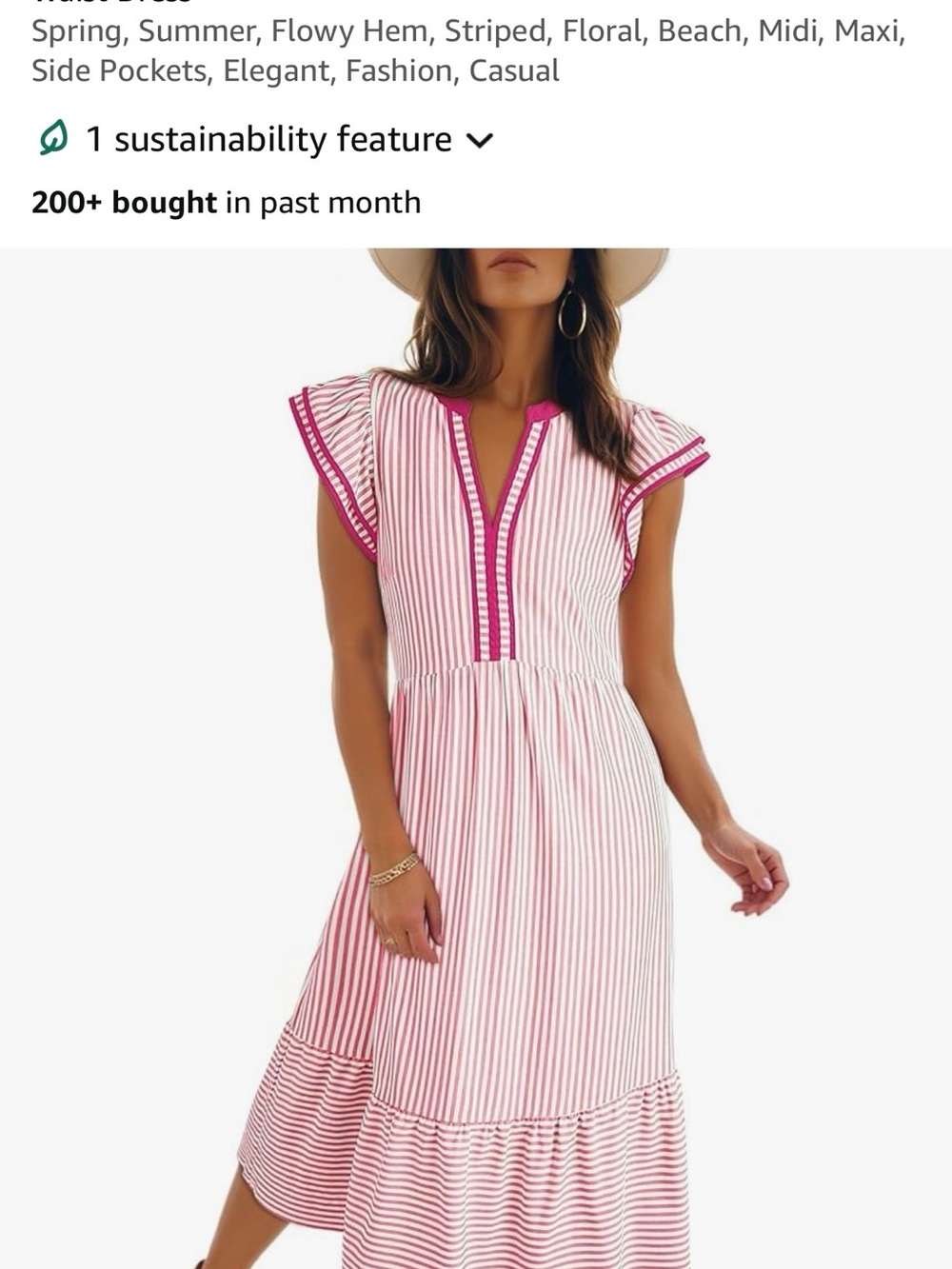 Dokotoo V-Neck Cap Sleeve Empire Waist Pink Striped Midi Dress Medium